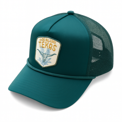 Skull and Bonnets Patch Vintage Rope Trucker Cap- John Deere Green