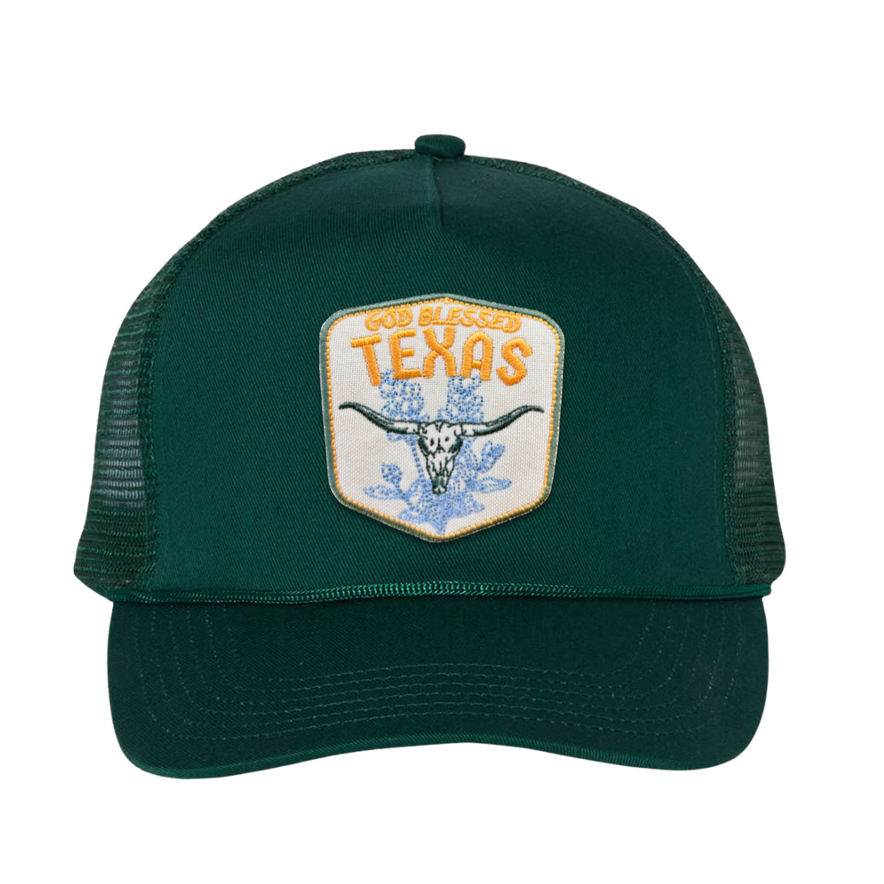 Skull and Bonnets Patch Vintage Rope Trucker Cap- John Deere Green